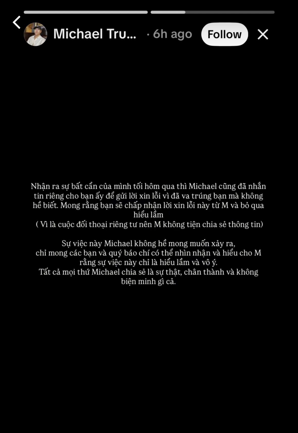 Michael Trương nhắn tin xin lỗi, TyhD: 