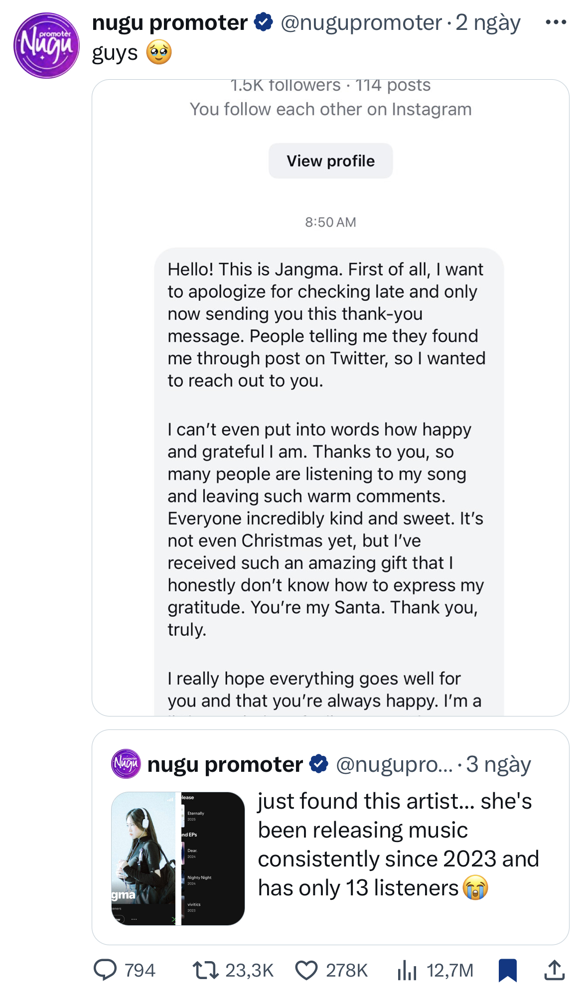 Đoạn tin nhắn cứu rỗi nữ ca sĩ vô danh: Sự nghiệp vỏn vẹn 13 fan, sau 1 đêm tăng sốc 460.000%- Ảnh 3.