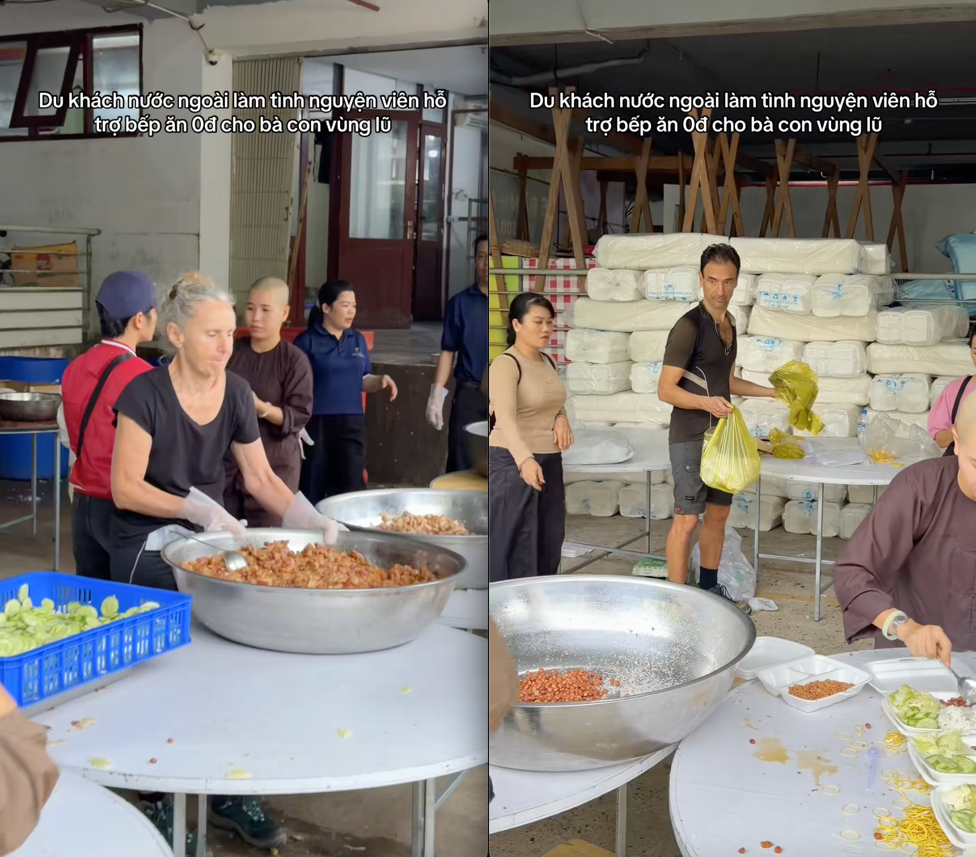 Khách Tây lặng lẽ xếp từng chiếc túi nilon, từng miếng rau của hộp cơm cứu trợ- Ảnh 1.