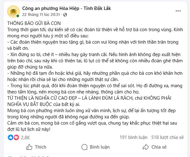Thông báo của Công an Đắk Lắk gửi tới người dân khi nhận quà hỗ trợ mưa lũ gây "bão" mạng- Ảnh 1.