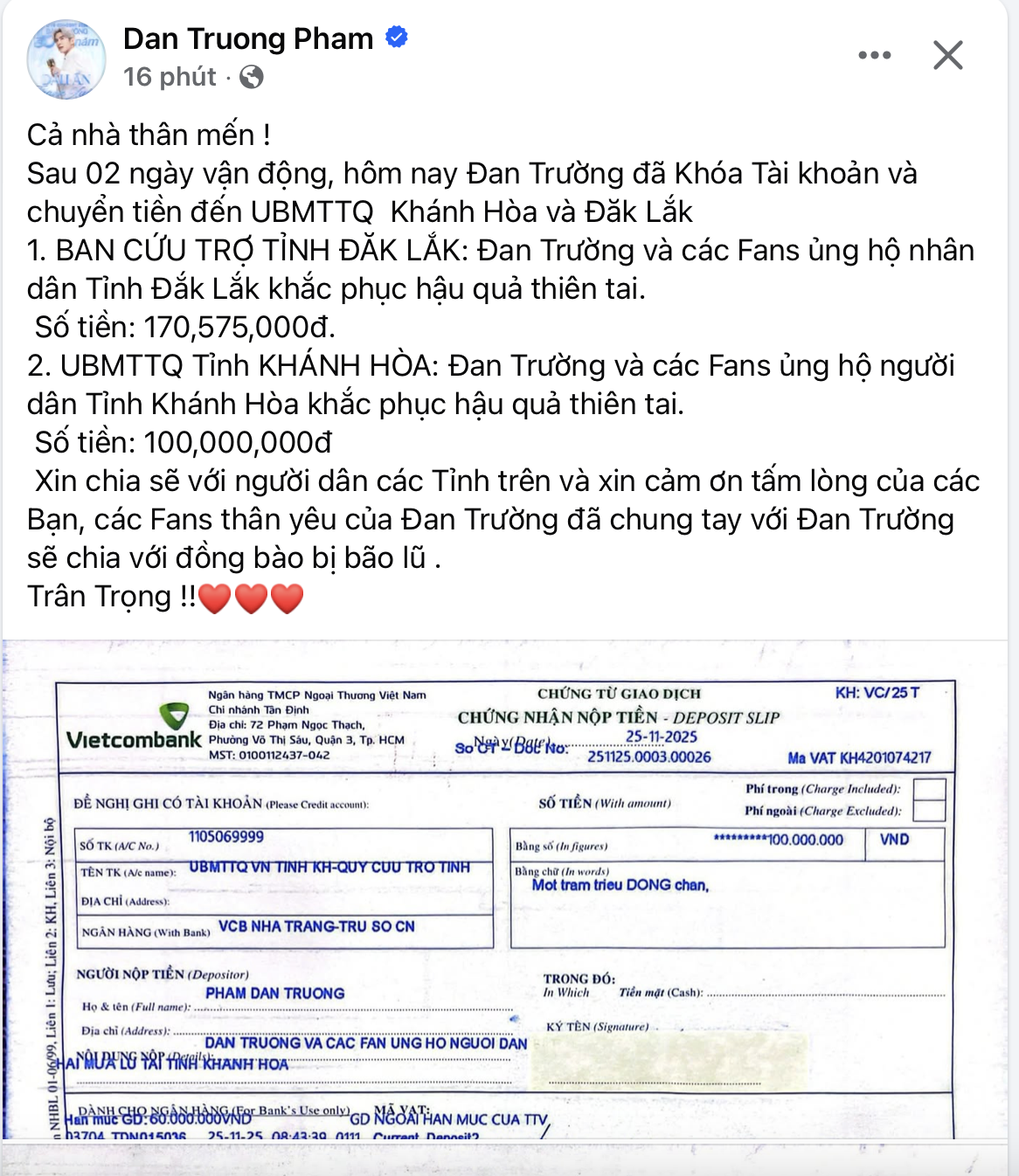 Vụ Đan Trường kêu gọi từ thiện vào tài khoản cá nhân: Chính chủ tiếp tục cập nhật- Ảnh 1. Vụ Đan Trường kêu gọi từ thiện vào tài khoản cá nhân: Chính chủ tiếp tục cập nhật- Ảnh 1.