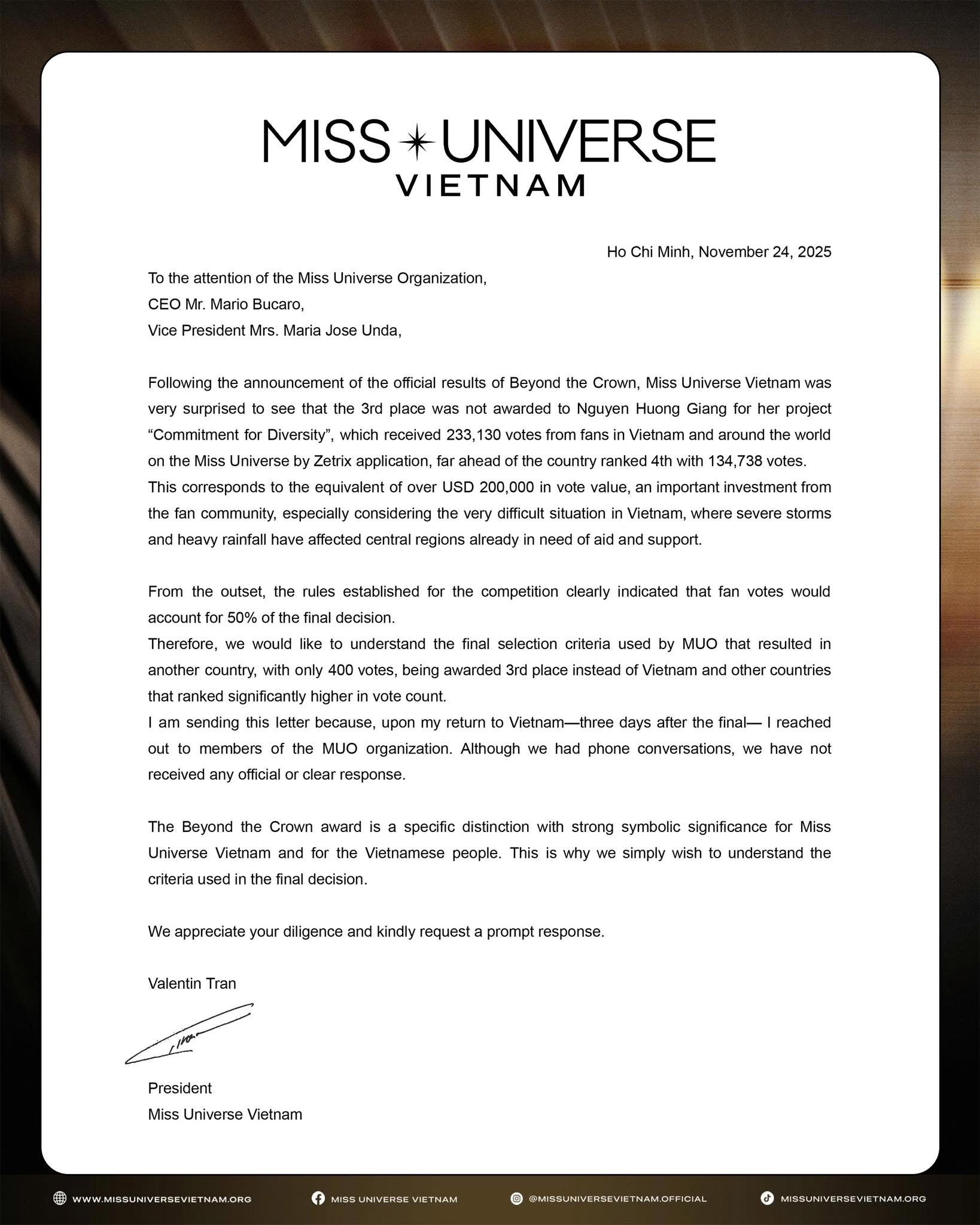 Khiếu nại kết quả của Hương Giang tại Miss Universe- Ảnh 1. Khiếu nại kết quả của Hương Giang tại Miss Universe- Ảnh 1.