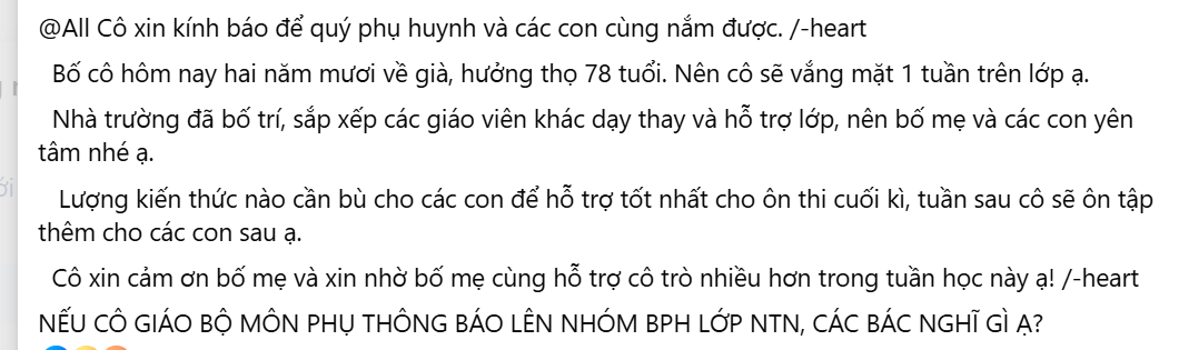 Đăng tin nhắn của cô giáo lên MXH, 1 phụ huynh khiến chính phụ huynh khác trong lớp bức xúc: Suy diễn đáng sợ thế!- Ảnh 1. Đăng tin nhắn của cô giáo lên MXH, 1 phụ huynh khiến chính phụ huynh khác trong lớp bức xúc: Suy diễn đáng sợ thế!- Ảnh 1.