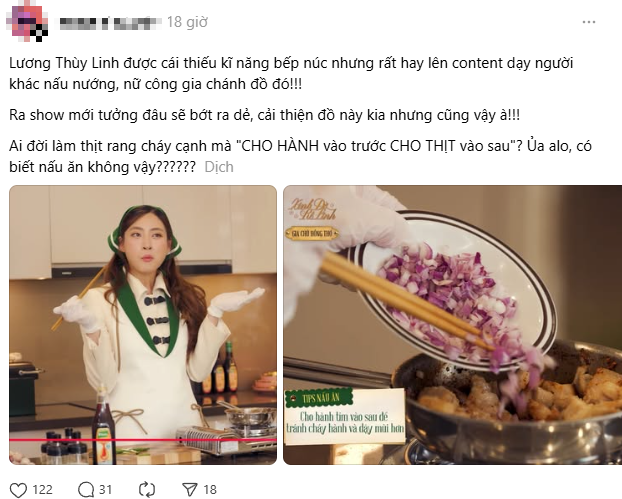 Hoa hậu Lương Thùy Linh nấu thịt rang cháy cạnh mà bị dân mạng Hoa hậu Lương Thùy Linh nấu thịt rang cháy cạnh mà bị dân mạng