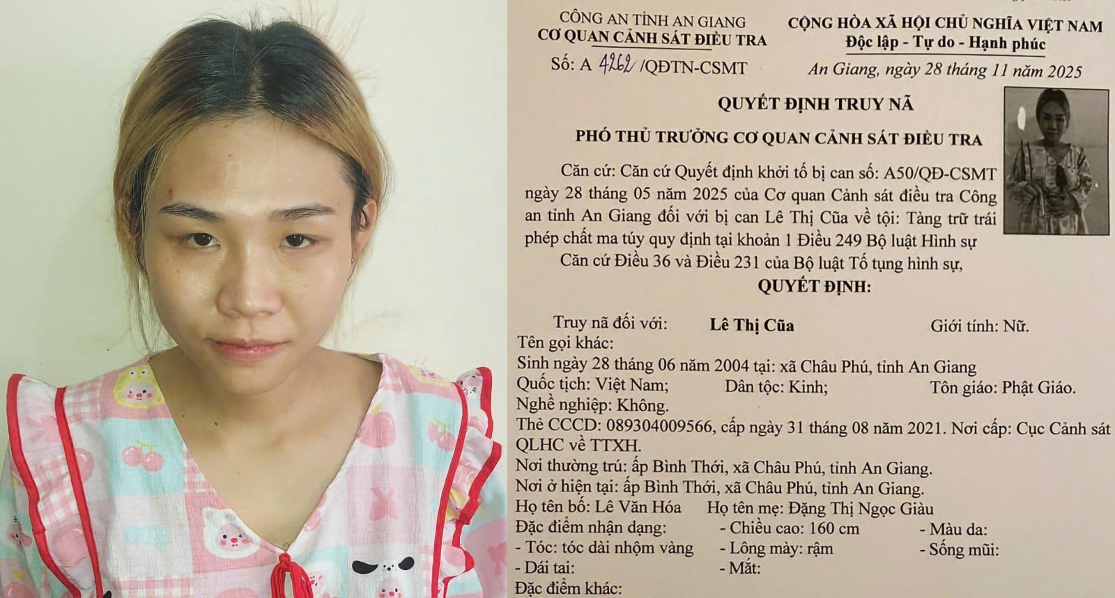 Ra quyết định truy nã Lê Thị Cũa sinh năm 2004- Ảnh 1.