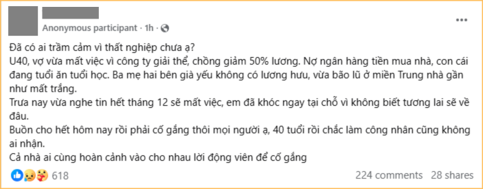U40 bật khóc trong bất lực: Vợ mất việc, chồng bị giảm nửa lương- Ảnh 1. U40 bật khóc trong bất lực: Vợ mất việc, chồng bị giảm nửa lương- Ảnh 1.