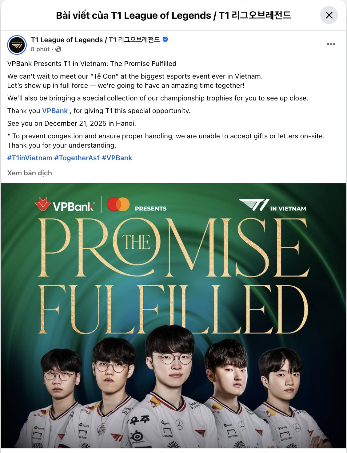 T1 và Faker xác nhận đến Việt Nam, háo hức được gặp “Tê Con”- Ảnh 1. T1 và Faker xác nhận đến Việt Nam, háo hức được gặp “Tê Con”- Ảnh 1.