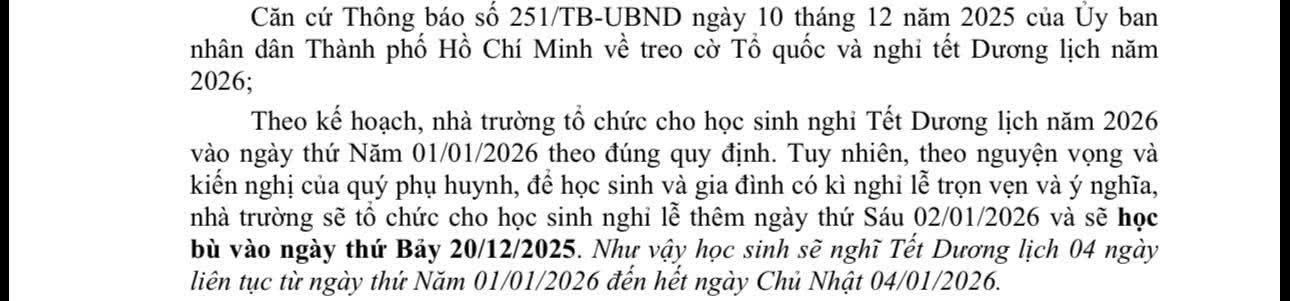 1 thông báo nghỉ Tết dương lịch của trường học đang gây tranh cãi - nhiều người than: "Sợ nhất kiểu phụ huynh thế này!"- Ảnh 1.
