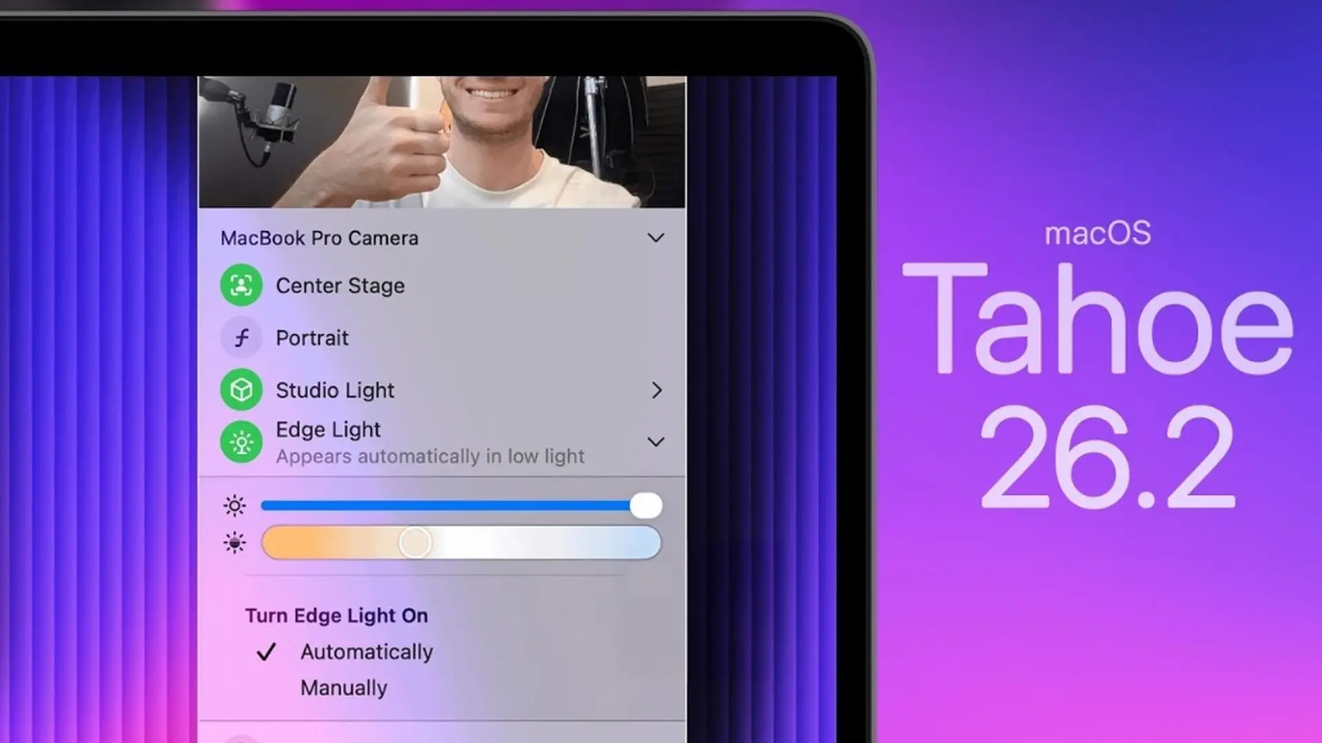 Apple ph&aacute;t h&agrave;nh macOS Tahoe 26.2, c&oacute; t&iacute;nh năng d&ugrave;ng m&agrave;n h&igrave;nh l&agrave;m đ&egrave;n chiếu s&aacute;ng khi họp cực hay- Ảnh 3.