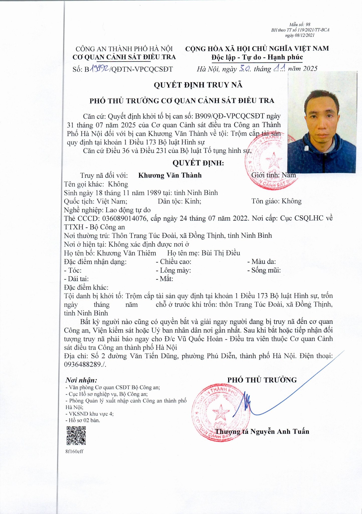 Truy nã Khương Văn Thành sinh năm 1989- Ảnh 1. Truy nã Khương Văn Thành sinh năm 1989- Ảnh 1.