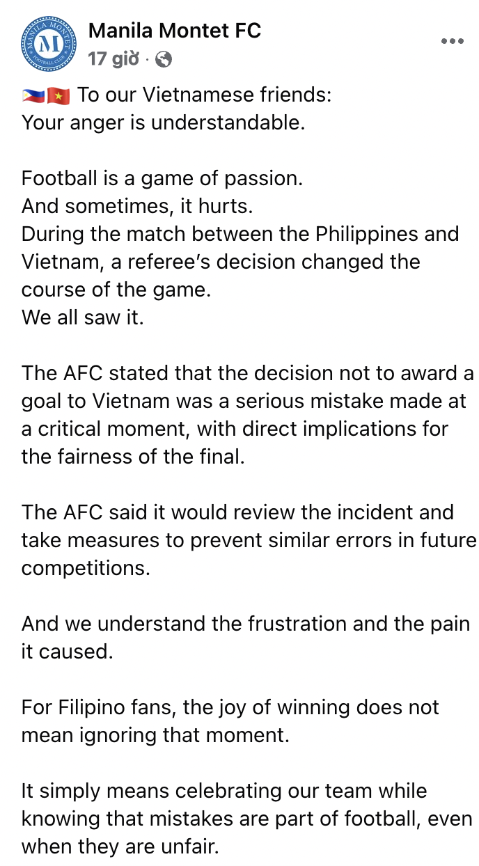 Đội b&oacute;ng Philippines gửi t&acirc;m thư khi trọng t&agrave;i 