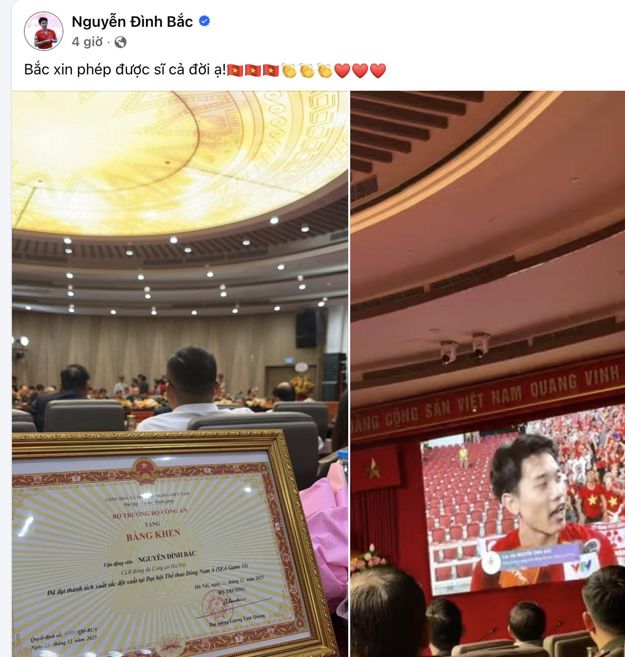 D&agrave;n hotboy U22 Việt Nam nhận bằng khen của Bộ C&ocirc;ng an sau th&agrave;nh t&iacute;ch HCV SEA Games 33, Đ&igrave;nh Bắc khoe 