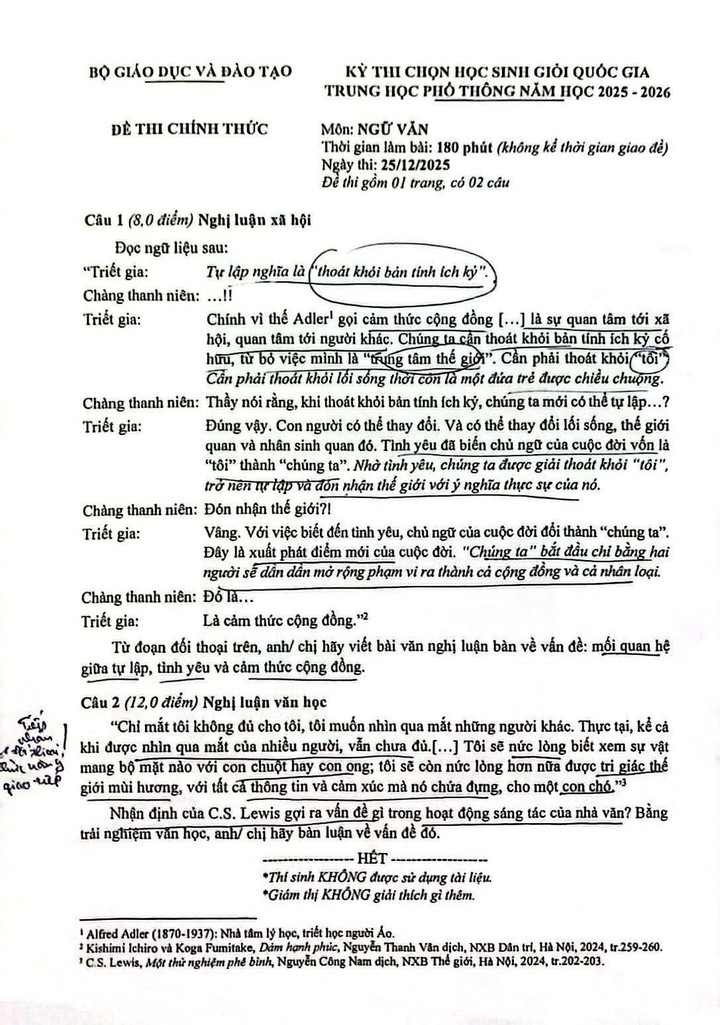 Đề thi Ngữ văn học sinh giỏi quốc gia b&agrave;n về tự lập, t&igrave;nh y&ecirc;u v&agrave; cảm thức cộng đồng- Ảnh 1.