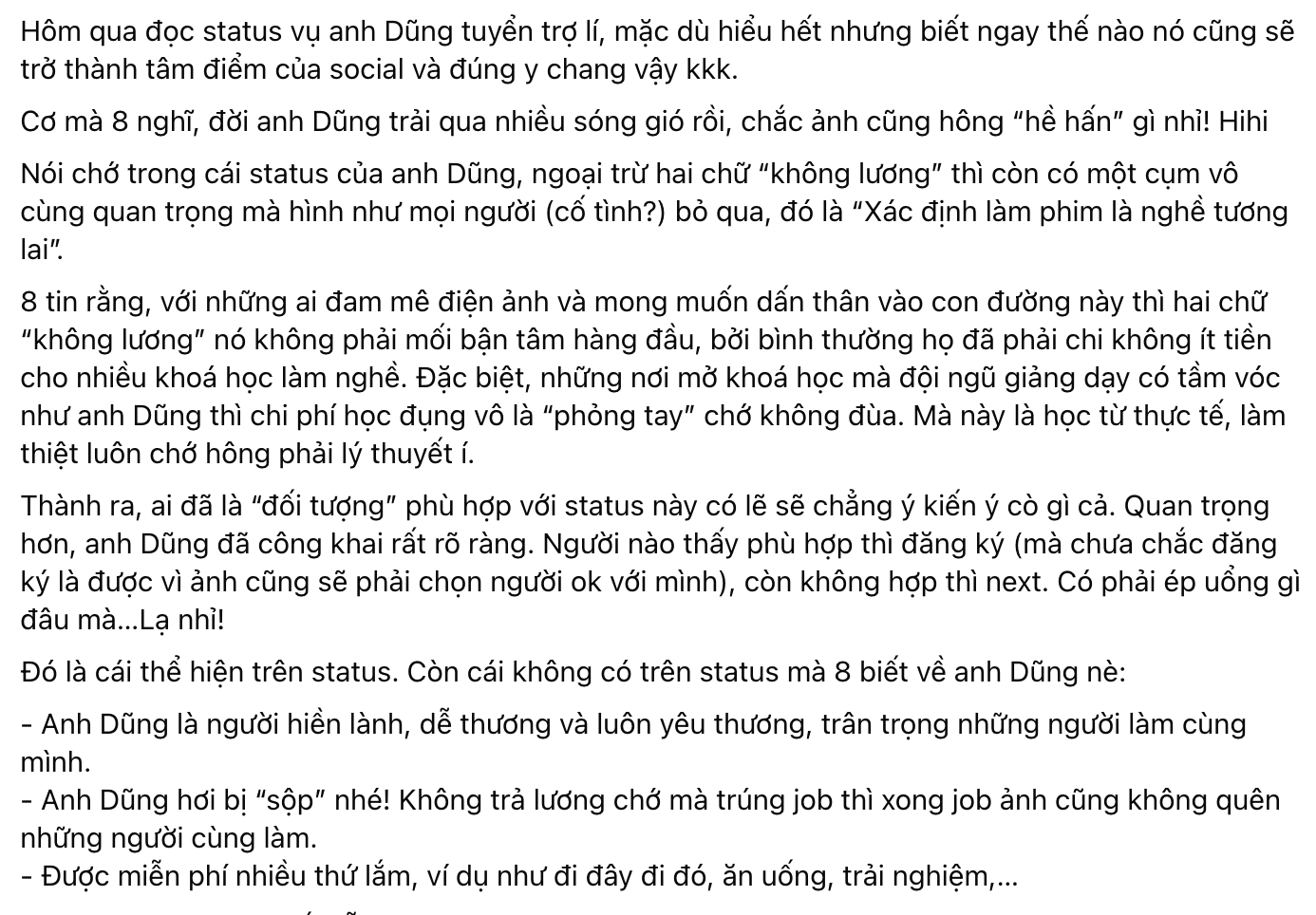Ồn &agrave;o tuyển trợ l&yacute; kh&ocirc;ng lương của đạo diễn Quang Dũng: Chuy&ecirc;n gia trong nghề l&ecirc;n tiếng b&ecirc;nh vực- Ảnh 6.