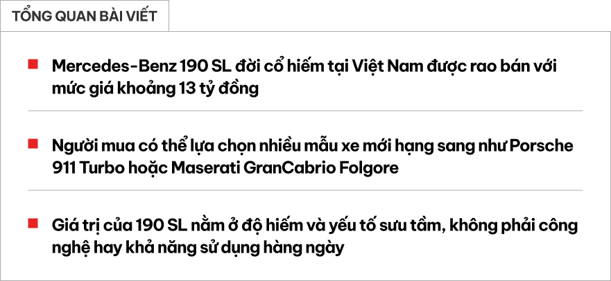 H&agrave;ng hiếm Mercedes-Benz 190 SL gi&aacute; 13 tỷ đồng l&ecirc;n s&agrave;n: &lsquo;M&oacute;n đồ chơi&rsquo; c&ugrave;ng gu với &ocirc;ng Đặng L&ecirc; Nguy&ecirc;n Vũ, cả Việt Nam chỉ c&oacute; v&agrave;i chiếc- Ảnh 1.