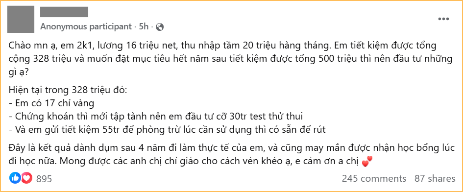 24 tuổi lương 20 triệu, c&ocirc; g&aacute;i c&oacute; 17 chỉ v&agrave;ng: C&aacute;ch chia tiền kh&ocirc;ng ai ch&ecirc; nổi!- Ảnh 1.