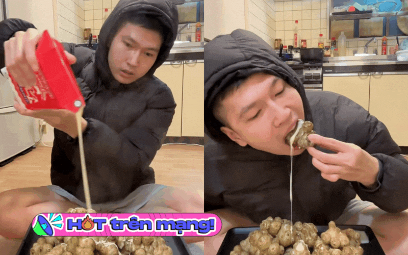 Thanh niên đăng clip ăn gừng luộc rưới sữa đặc giữ ấm mùa đông khiến toàn thể dân mạng... bị lừa!- Ảnh 1.