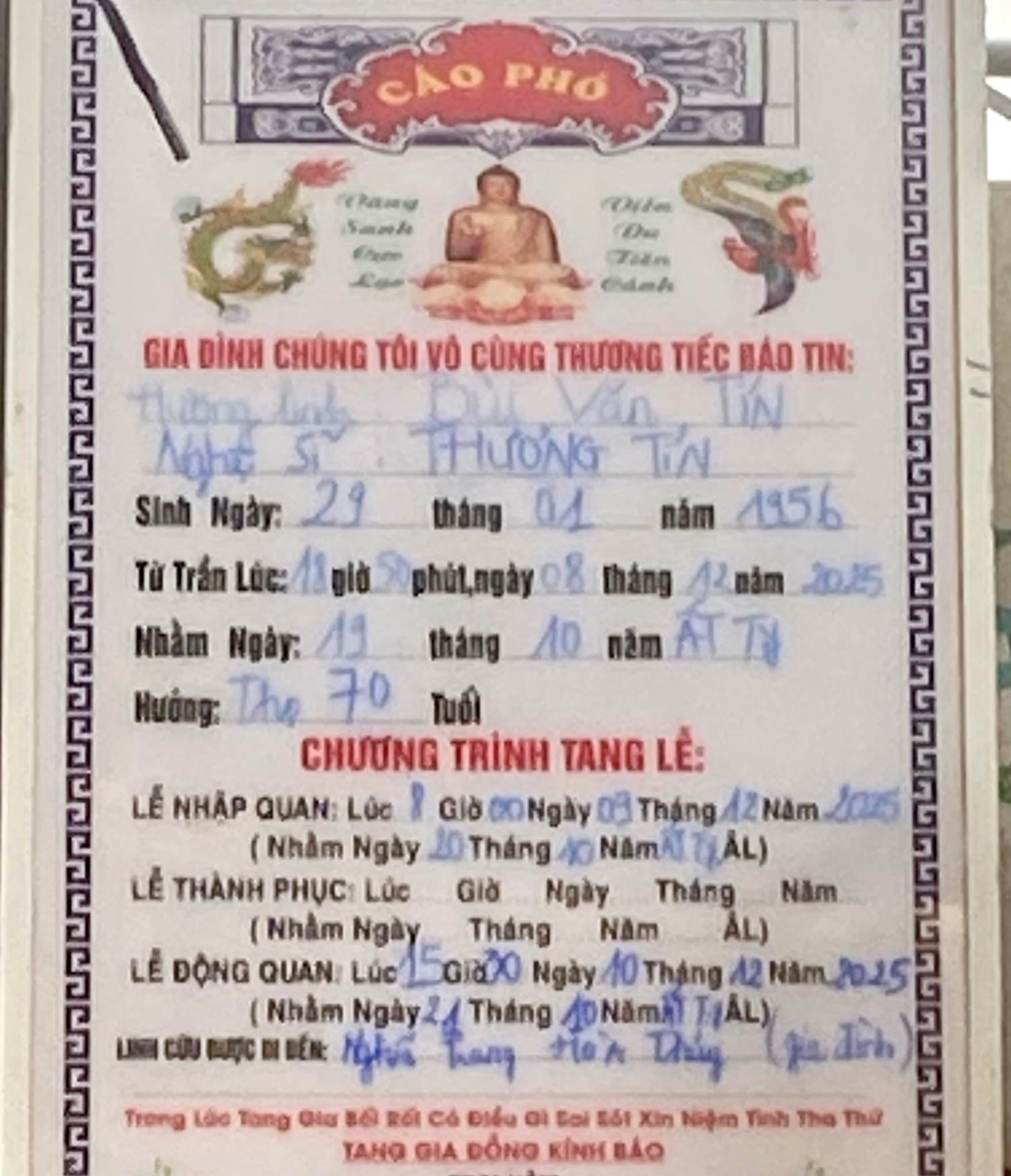 Thông tin tang lễ của NS Thương Tín- Ảnh 1.