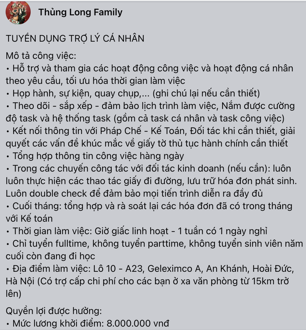 Thủng Long Family sau vụ tuyển trợ lý lương 8 triệu bị so với giúp việc: Bất ngờ có gần 500 CV gửi về sau 1 tuần ồn ào- Ảnh 1.