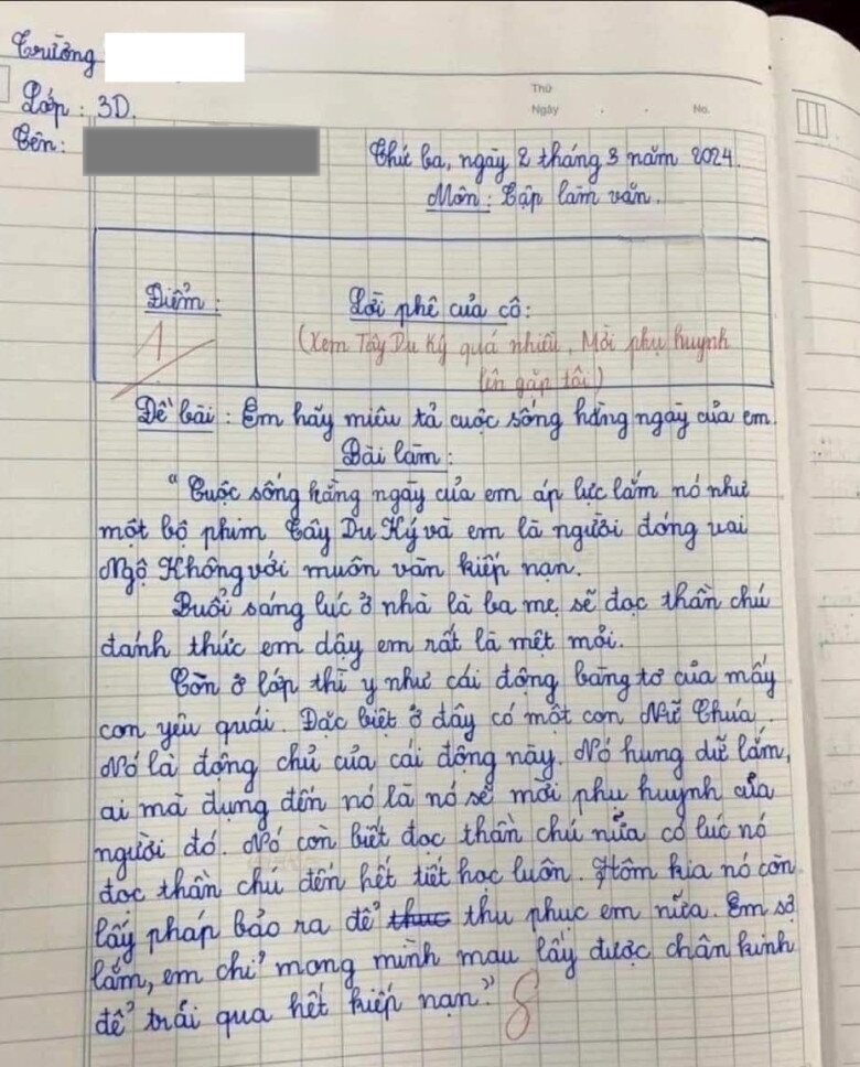 Bài văn tả cuộc sống hàng ngày của học sinh lớp 3 bị chấm 1 điểm: Cô giáo đọc xong "tái mặt", yêu cầu mời phụ huynh lên gặp- Ảnh 1.