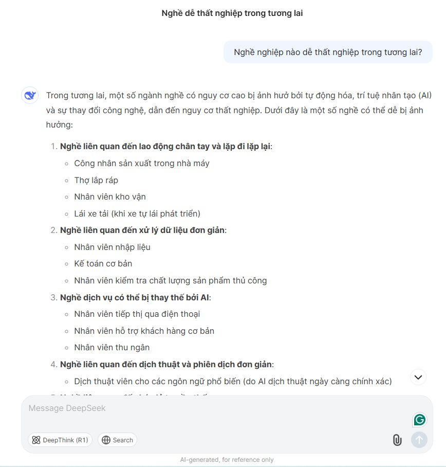 "Nghề nghiệp nào dễ thất nghiệp trong tương lai?" - DeepSeek và ChatGPT trả lời sao?- Ảnh 1.