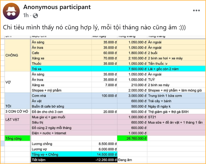 Khoe bảng chi tiêu “hợp lý”, cô vợ khiến dân mạng cười ngất- Ảnh 1.