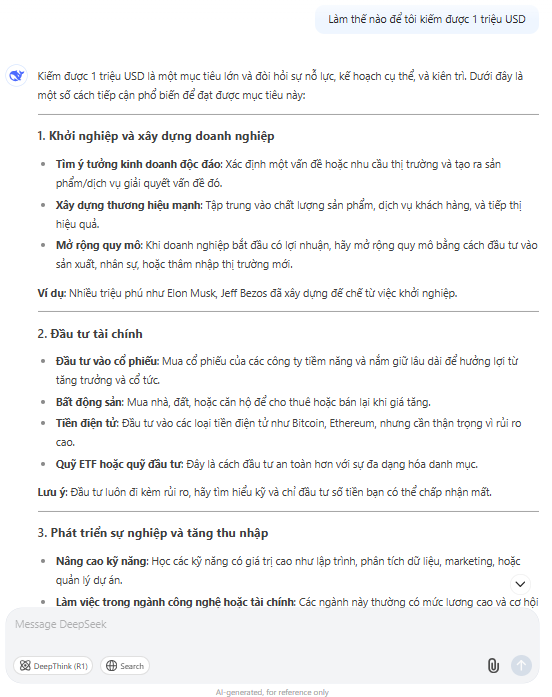 Hỏi ChatGPT và DeepSeek “Làm thế nào để kiếm được 1 triệu USD”: 2 công cụ AI trả lời cách hái ra tiền đầy bất ngờ- Ảnh 2.