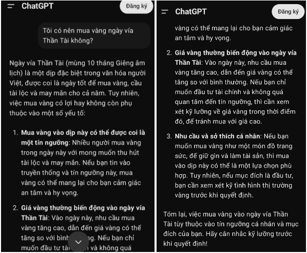 "Có nên mua vàng ngày vía Thần Tài không?" - Câu trả lời của ChatGPT và DeepSeek gây bất ngờ- Ảnh 1.