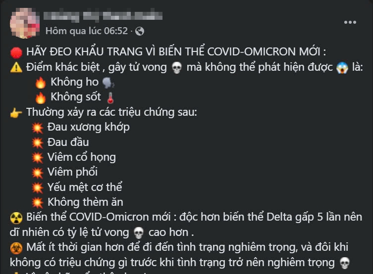 "Biến thể COVID-Omicron độc hơn biến thể Delta gấp 5 lần" là tin giả- Ảnh 1.