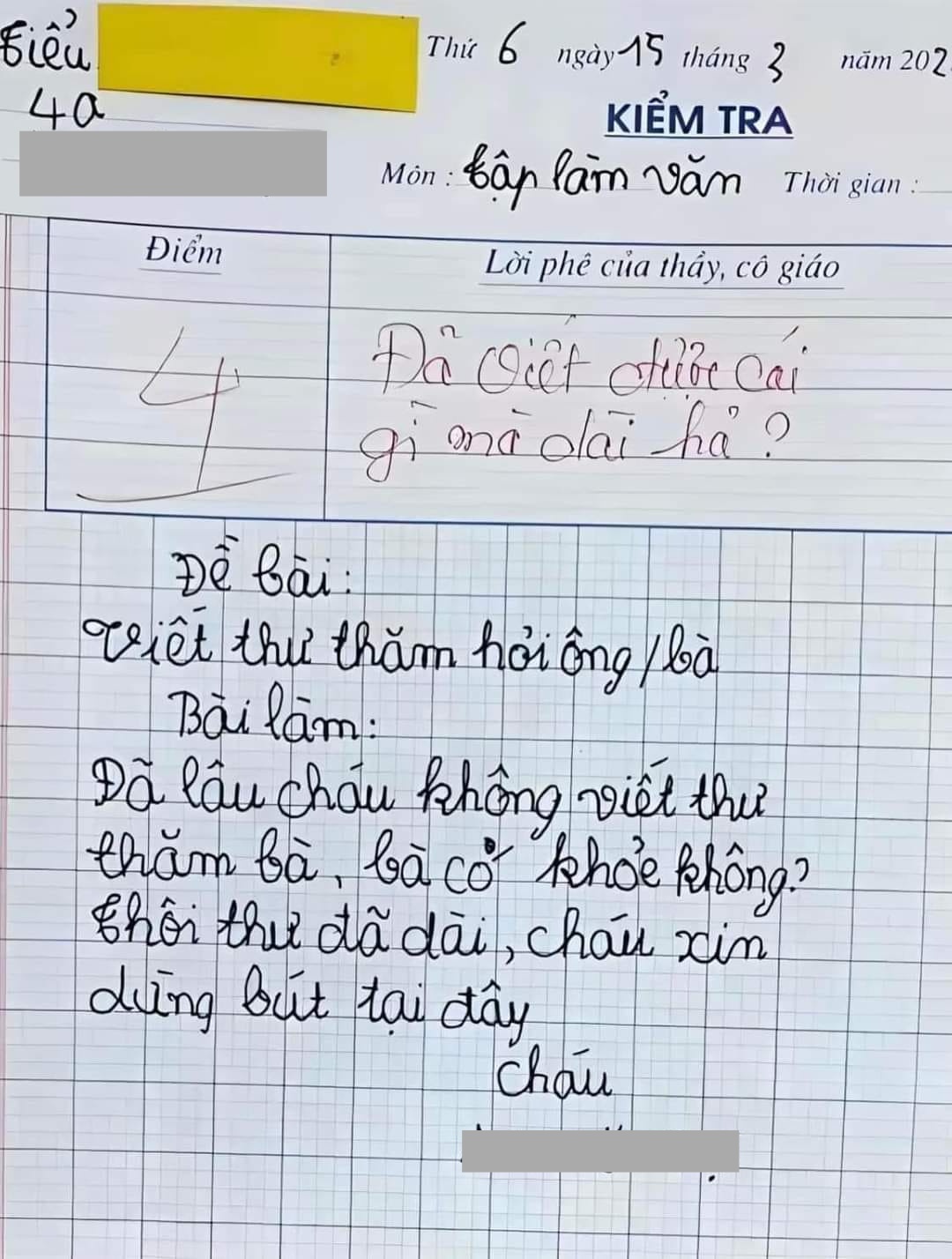 Bài tập làm văn có pha “bẻ lái” bị chấm dưới điểm trung bình, cô giáo không kìm được phải phê thêm 8 chữ- Ảnh 1.