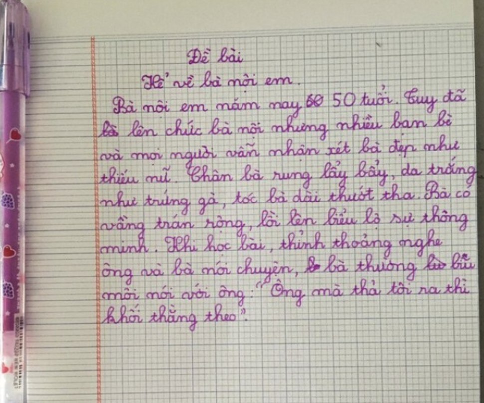 Cậu bé lớp 2 viết văn tả bà nội: "Da trắng như trứng gà, ông mà thả ra thì khối người theo" - Dân mạng đọc xong chỉ biết cười bò- Ảnh 1.