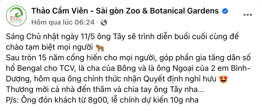 Thảo Cầm Viên bất ngờ thông báo về lần biểu diễn cuối của 1 chú hổ, MXH ngỡ ngàng lo cho 