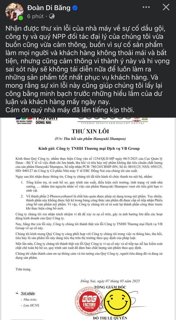 Diễn biến mới vụ dầu gội Hanayuki bị thu hồi, tiêu hủy: Nhà máy gửi thư xin lỗi công ty Đoàn Di Băng- Ảnh 2.