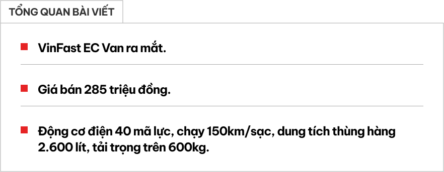 VinFast EC Van ra mắt Việt Nam: Giá từ 285 triệu đồng, động cơ ngang VF 3, chạy 150km/sạc, thùng hàng 2.600 lít, tải trọng trên 600kg- Ảnh 1.