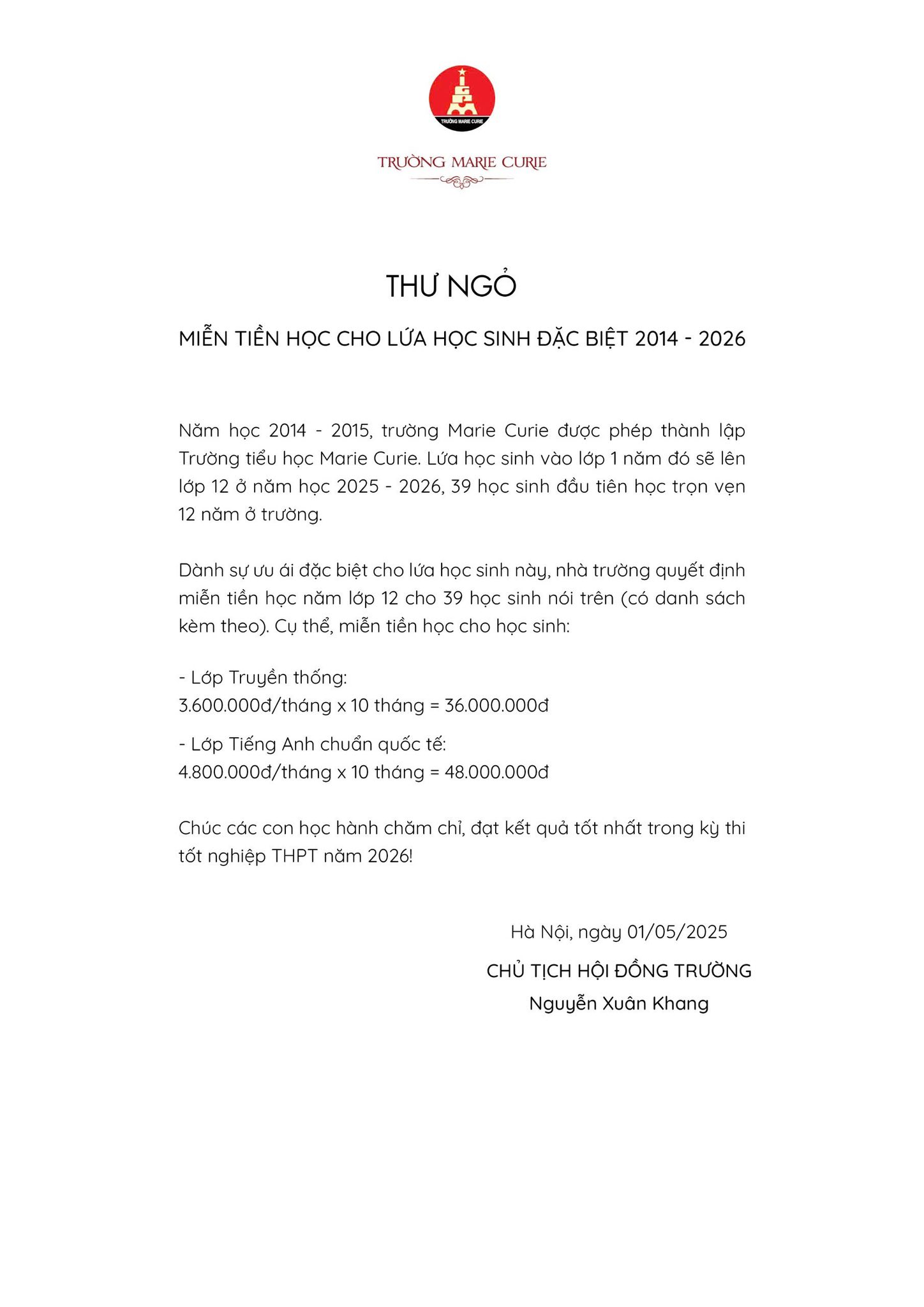 39 học sinh Hà Nội bất ngờ nhận thông báo miễn học phí, tổng lên đến 1,8 tỷ đồng- Ảnh 1.