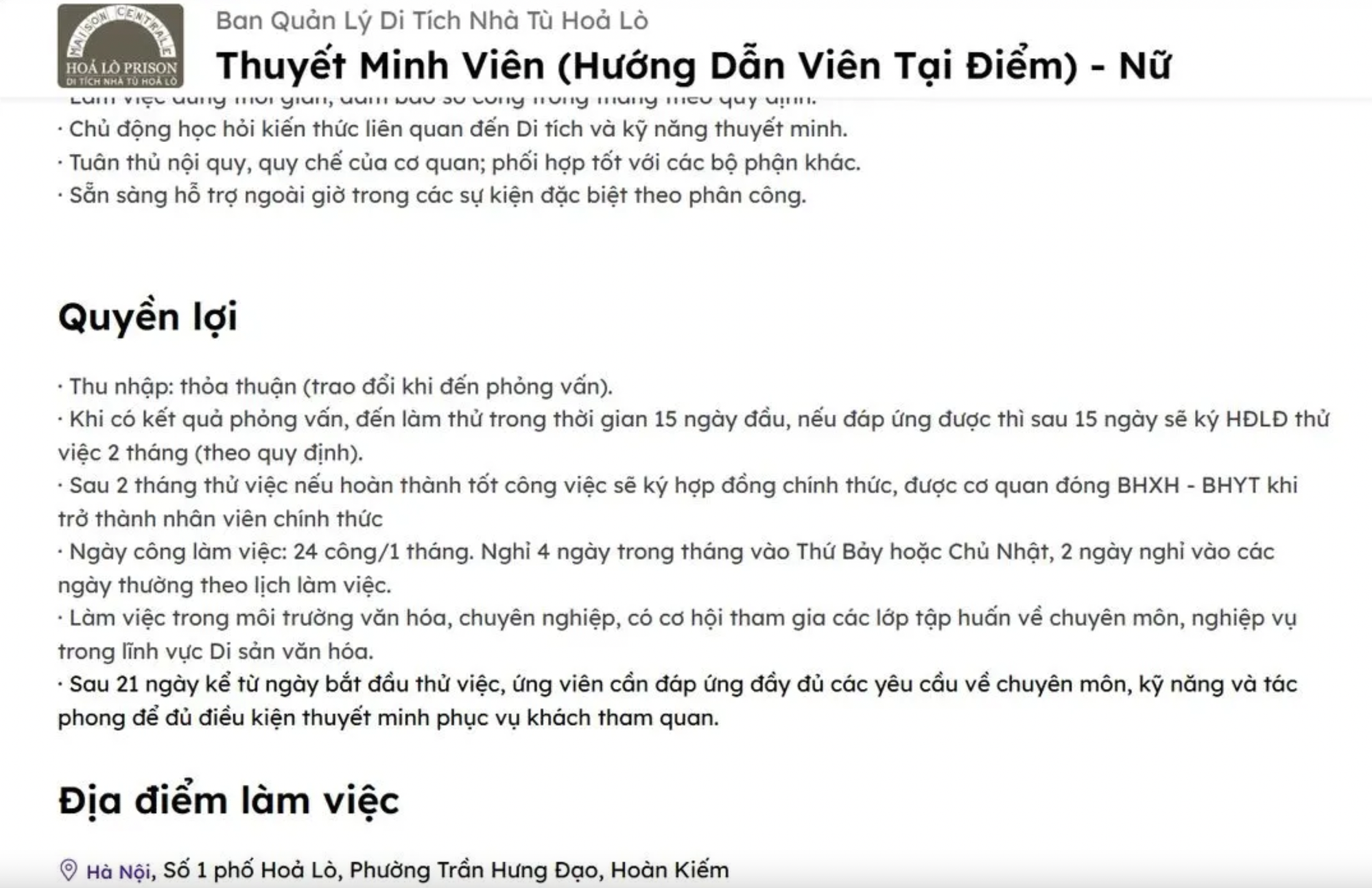Tranh cãi vụ Nhà tù Hoả Lò tuyển dụng yêu cầu "thử việc" 75 ngày, quyền lợi mông lung: Ban quản lý lên tiếng- Ảnh 1.