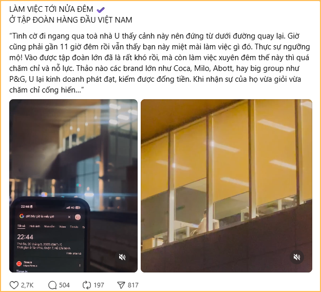 Cảnh tượng lúc 22:45 tại một tòa nhà ở TP.HCM nổ ra tranh cãi: Giờ phải lãng mạn hoá chuyện tăng ca?- Ảnh 1.