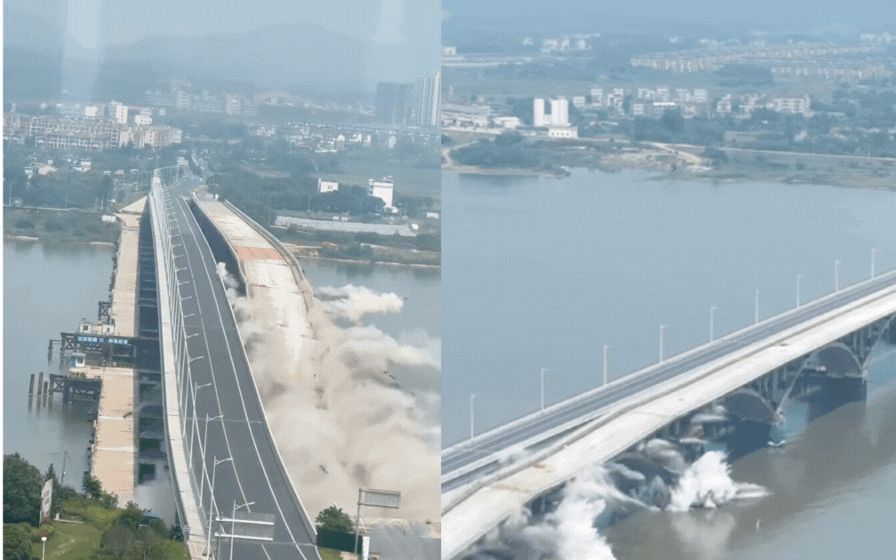 Khoảnh khắc sốc: Cây cầu nổ tung, đổ sụp xuống sông ngay bên cạnh cây cầu mới