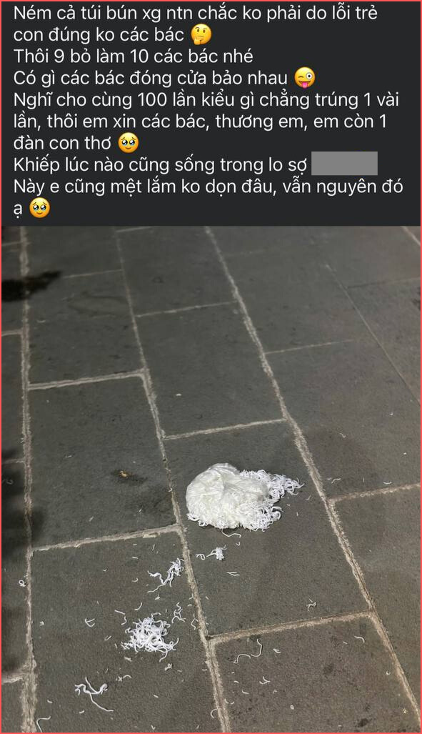 Đang đi dạo ở sân chung cư bị bịch bún rơi trúng người, mẹ bỉm hoảng hồn nhưng vẫn tự nhủ 