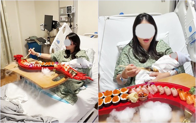 Sản phụ gây tranh cãi dữ dội vì vừa sinh xong đã mukbang sushi ngay trên giường bệnh, ôm con ngồi ăn giữa làn khói mịt mù- Ảnh 1.