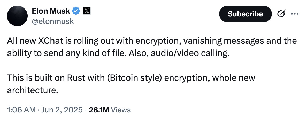 Elon Musk tung XChat với mã hóa và bảo mật “kiểu Bitcoin”- Ảnh 1.
