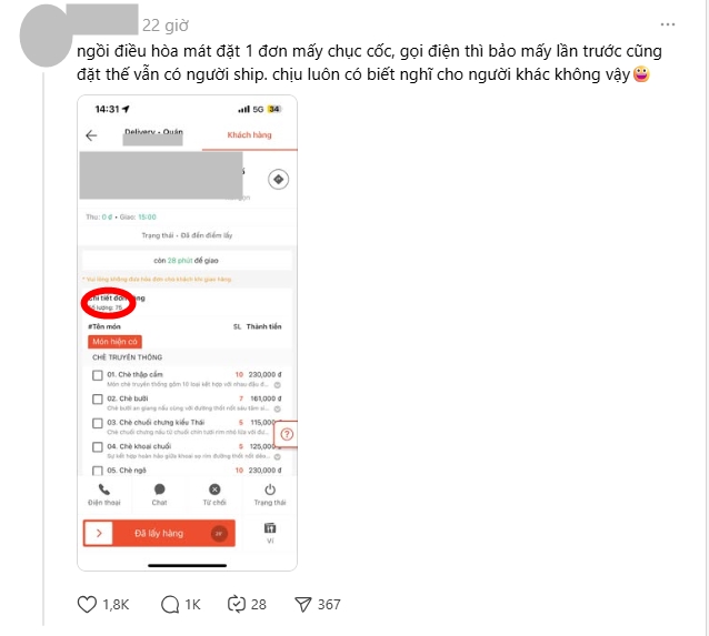 Ngồi điều hòa đặt 75 ly chè cùng 1 đơn, shipper Hà Nội bốc hỏa 
