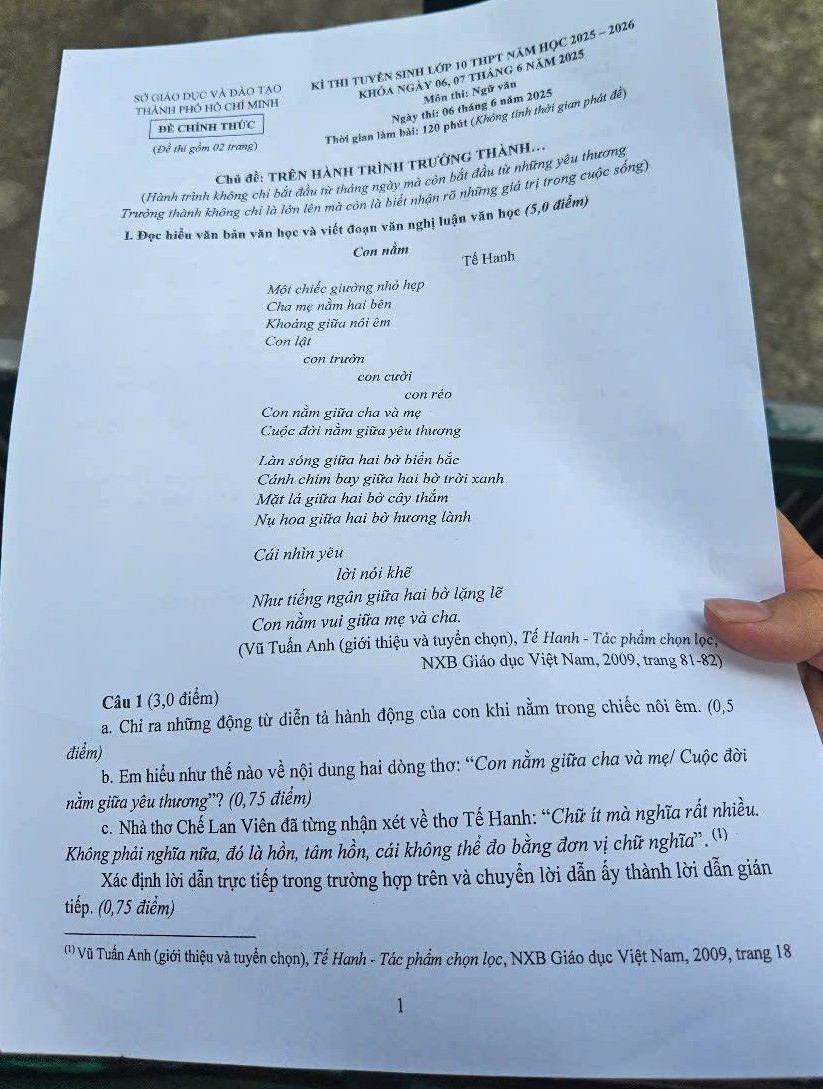 Đề thi m&ocirc;n Ngữ Văn v&agrave;o lớp 10 2025 TP.HCM- Ảnh 1.