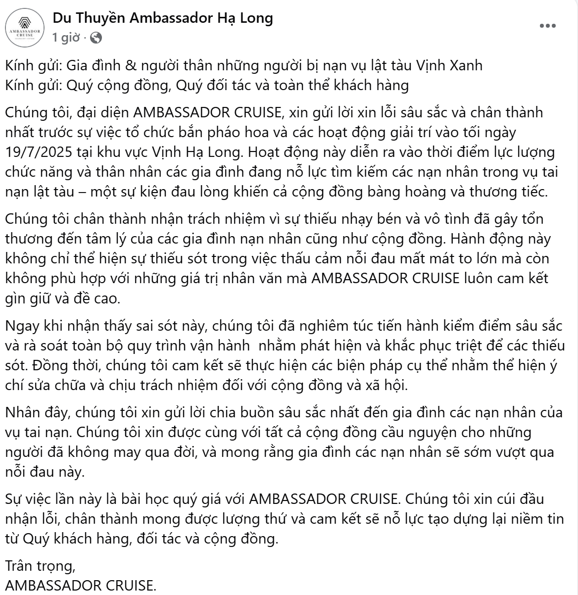 Một du thuyền 5 sao ở Hạ Long xin lỗi vì tổ chức bắn pháo hoa và các hoạt động giải trí trong ngày tàu Vịnh Xanh gặp nạn- Ảnh 2.