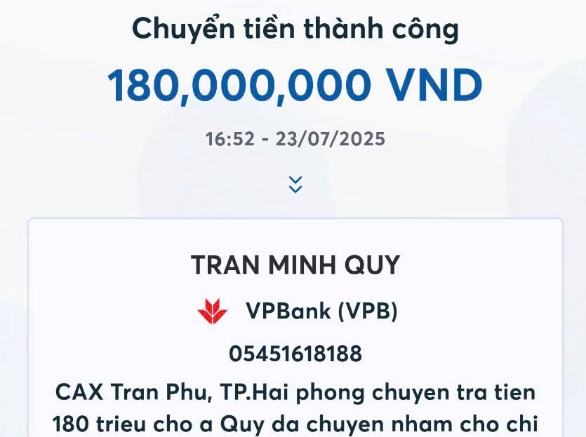 Nhận được chuyển khoản 180 triệu đồng, sau vài giờ, người phụ nữ Hải Phòng liên tục có thêm 5K kèm lời dọa: Sau 12h trưa sẽ báo công an?- Ảnh 1.