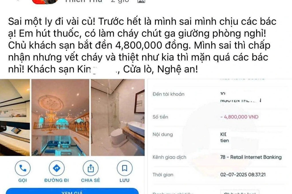 Vụ khách hút thuốc làm thủng đệm, bị phạt 4,8 triệu đồng: Chủ khách sạn ở Cửa Lò nói gì?- Ảnh 1.