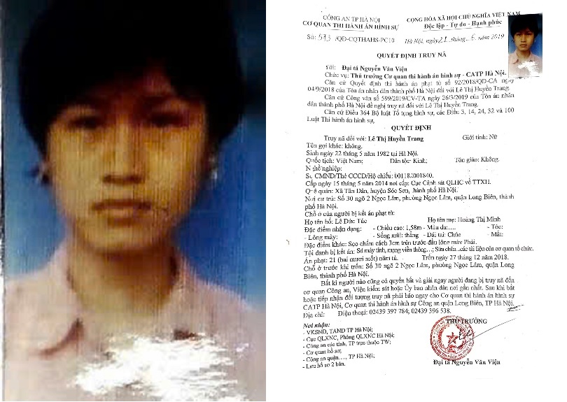 Truy nã Lê Thị Huyền Trang- Ảnh 1.