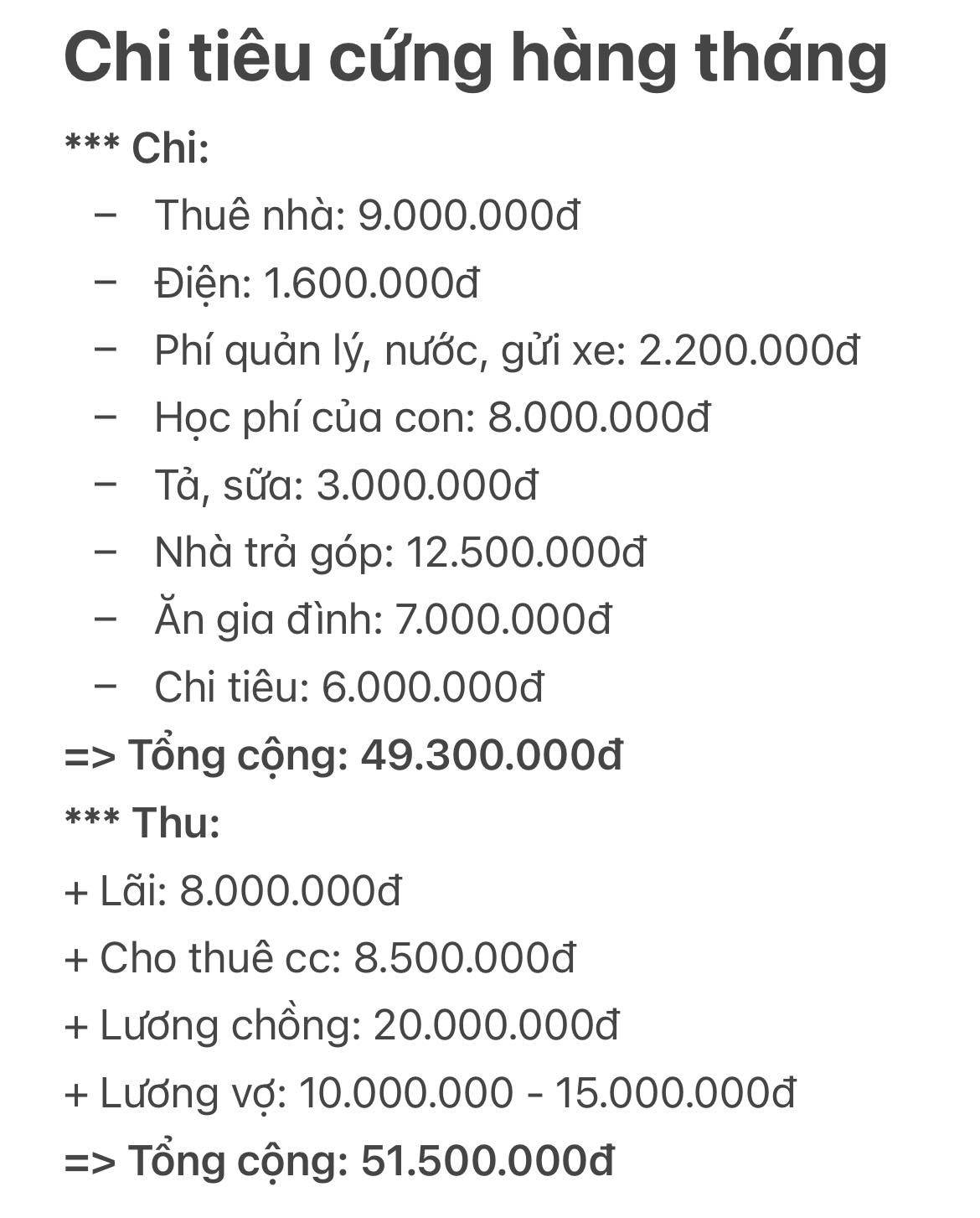 Bảng chi tiêu gần 50 triệu của vợ chồng ở TP.HCM khiến dân mạng ngơ ngác: “Ủa có nhà sao không ở?”- Ảnh 1.