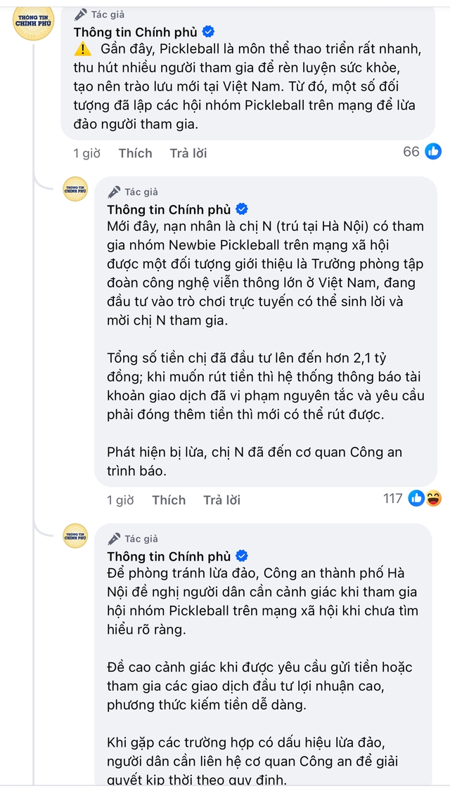 Fanpage Thông tin Chính phủ cảnh báo hội nhóm pickleball lừa đảo, người phụ nữ bị lừa 2,1 tỷ đồng- Ảnh 2.
