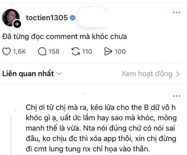 Tóc Tiên bị chỉ trích cực gắt trên Threads, đọc bình luận tiêu cực đến bật khóc- Ảnh 6. Tóc Tiên bị chỉ trích cực gắt trên Threads, đọc bình luận tiêu cực đến bật khóc- Ảnh 6.